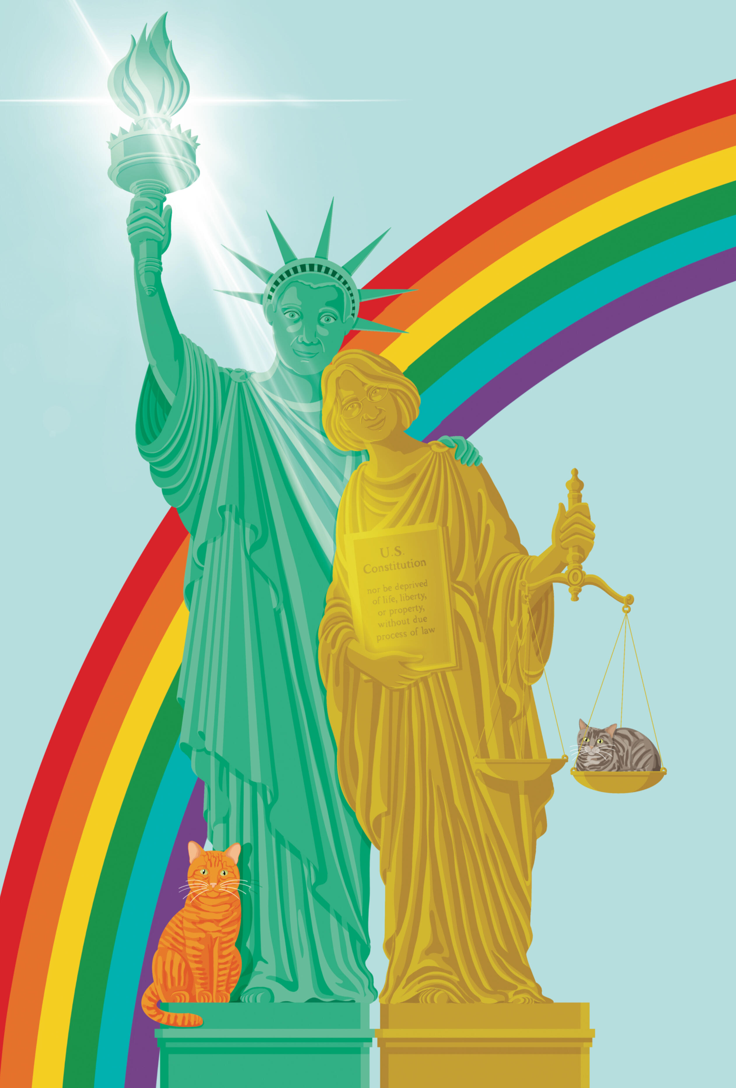 Lady Justice and the Statue of Liberty. Justice is holding the due process clause of the US constitution and a set of scales, with a tabby kitty balanced on one scale. At Liberty's feet, there's an orange kitty.