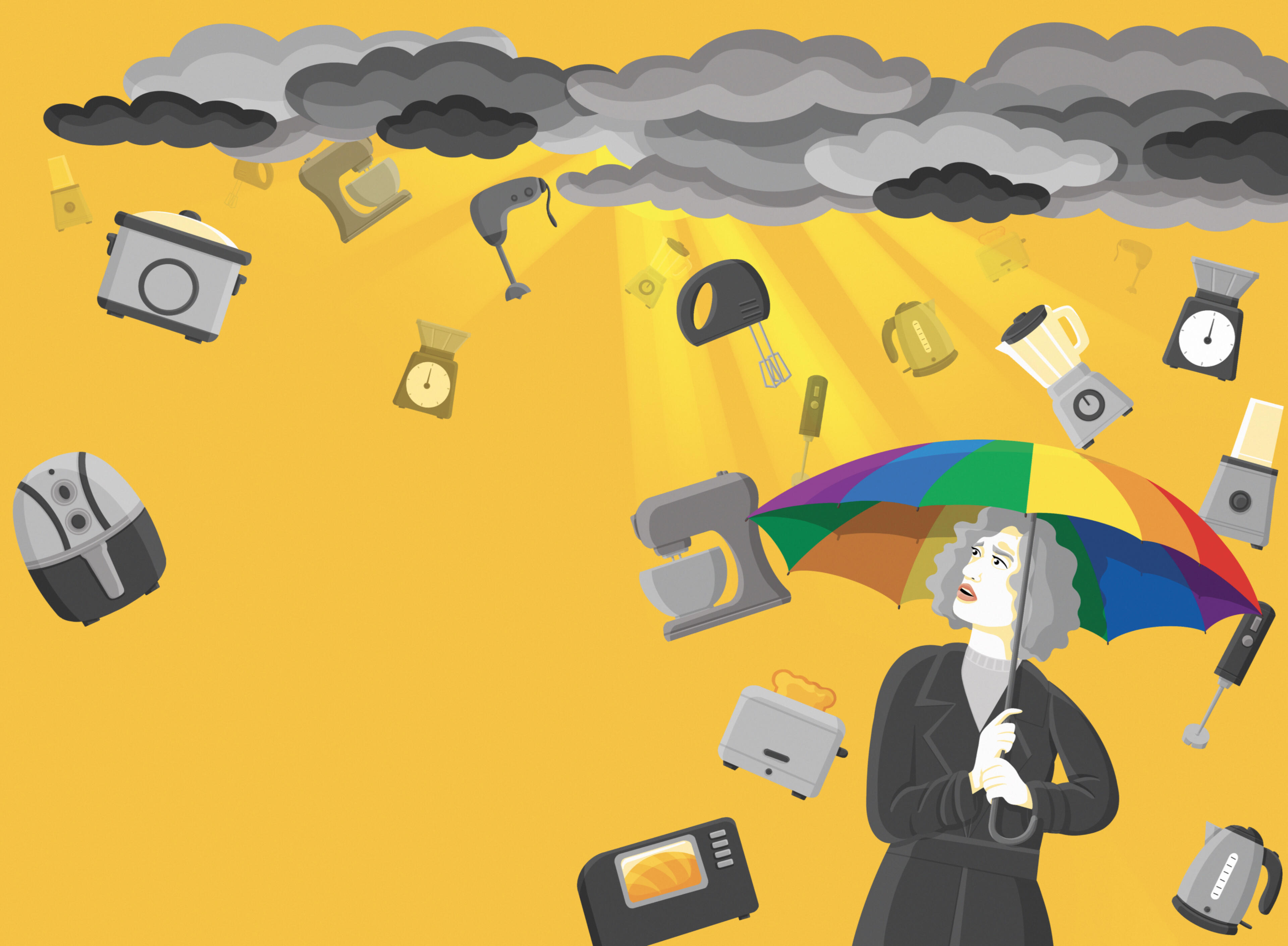 A middle aged woman stands under a rainbow umbrella while kitchen appliances rain down on her. Clouds are above. The sunrise is behind her.