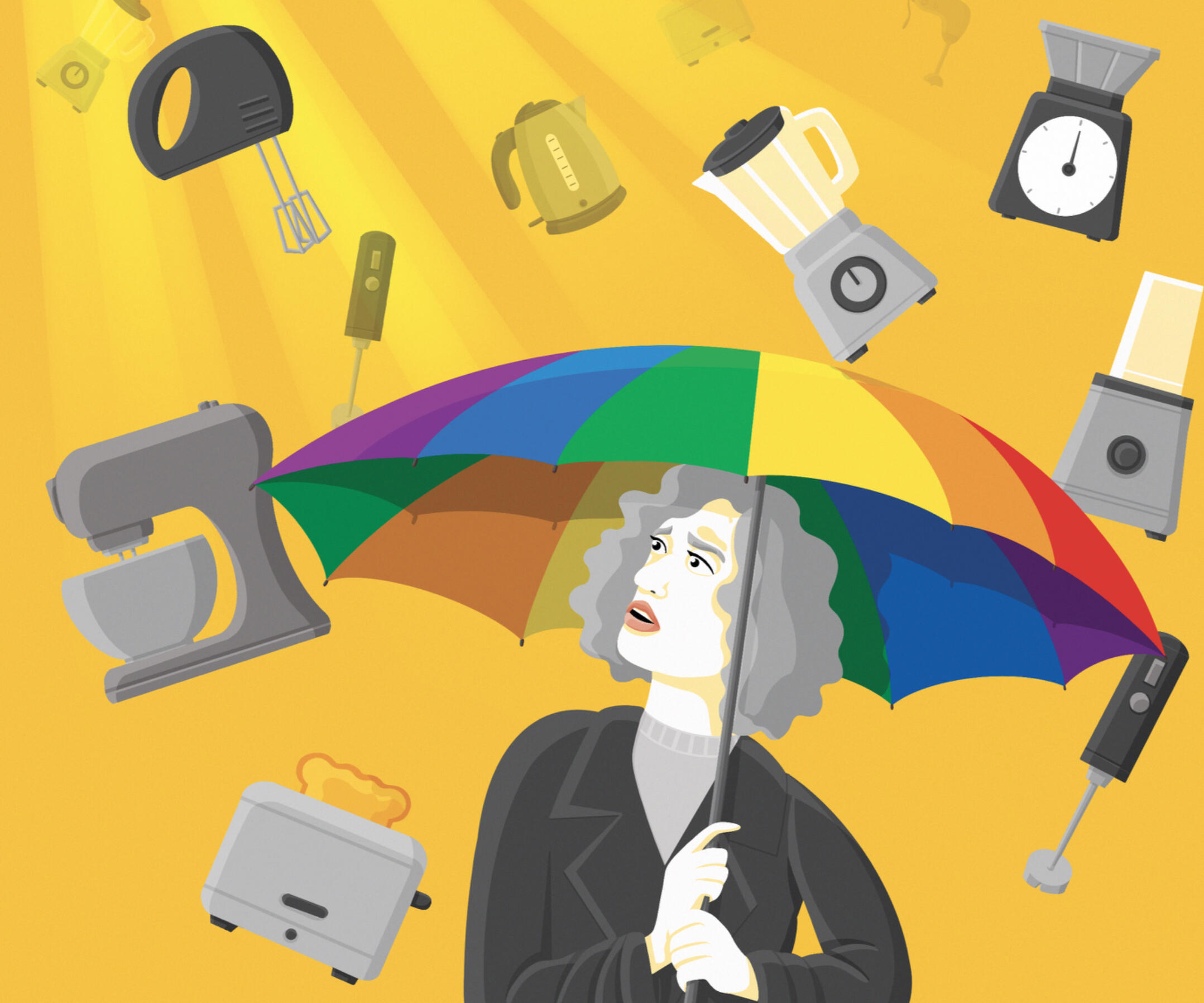 A middle aged woman stands under a rainbow umbrella while kitchen appliances rain down on her. Clouds are above. The sunrise is behind her.